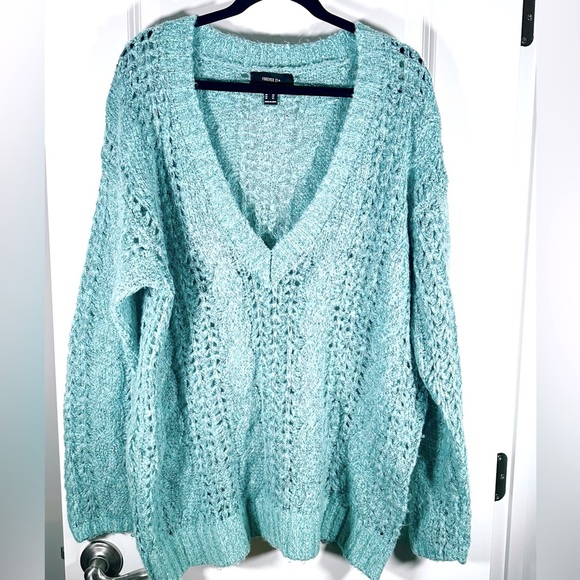 A76 Forever 21+ Open Knit Pullover Sweater Sz 2X Aqua Blue V-Neck Cozy Soft - Picture 1 of 6